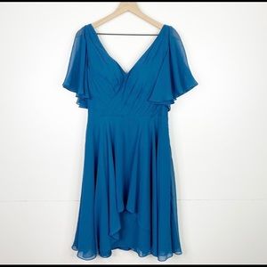 Azazie Blue Ayana Chiffon Flutter Sleeve V Back & Neck Knee Length Dress